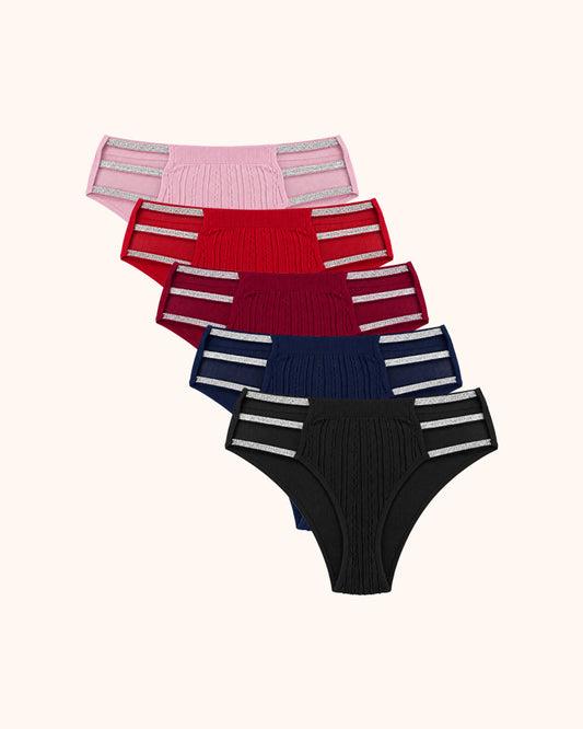 Women Low Waist Soft Ribbed Strappy Panties with Shiny Waistband（5 Pack）